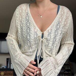 Crochet Open-Knit Bell Sleeve Tie Fromt Sweater - Bohemian Beachy Pointelle XL